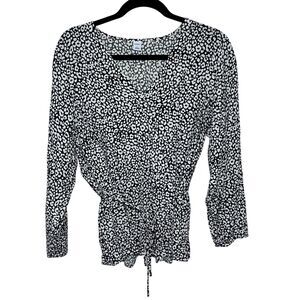 Old Navy Large Leopard Print Blouse - Black/White Long Sleeve, Tie Belt